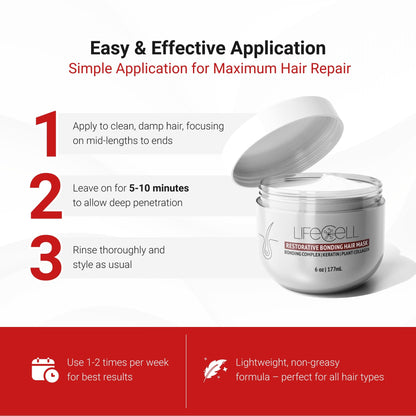 LifeCell Repairing Hair Mask - Restorative Bonding Treatment with Bioactive Peptides, Keratin, Plant Collagen, Shea Butter & Coconut Oil - Deep Nourishment & Strength for All Hair Types