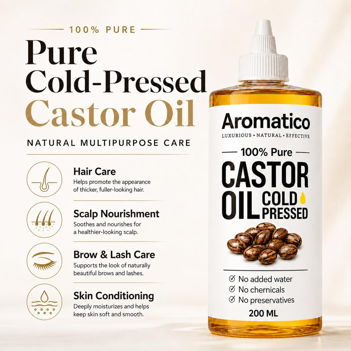 Aromatico Pure Cold Pressed Castor Oil for Hair, Eyelashes & Eyebrows - Natural Carrier Oil for Skin, Hair & Scalp Care - Thick Conditioning Oil for DIY Beauty - 7 fl oz