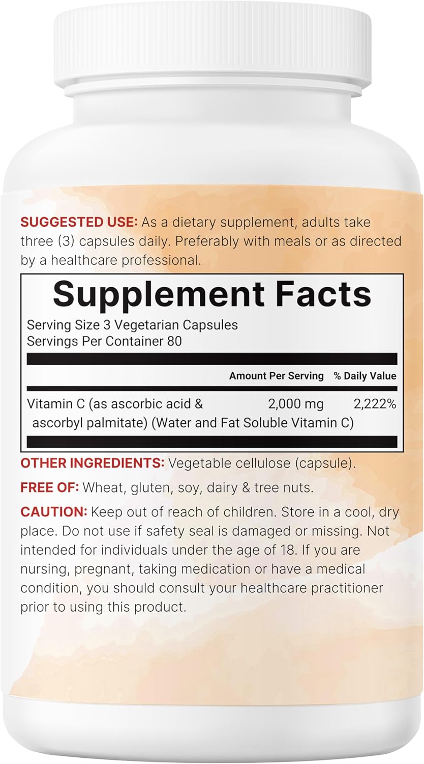 Pure Vitamin C 2,000mg, 240 Veggie Capsules - Highly Bioavailable Fat & Water Soluble Forms - Max Potency - Antioxidant & Immune Support Supplement - Easily Absorbed, Non-GMO, Filler Free