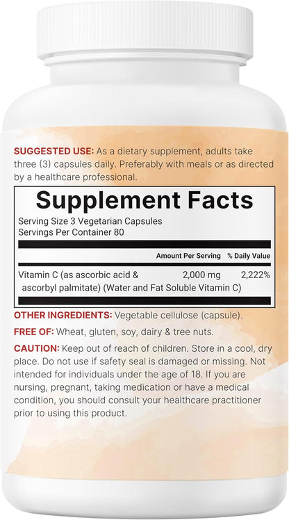 Pure Vitamin C 2,000mg, 240 Veggie Capsules - Highly Bioavailable Fat & Water Soluble Forms - Max Potency - Antioxidant & Immune Support Supplement - Easily Absorbed, Non-GMO, Filler Free