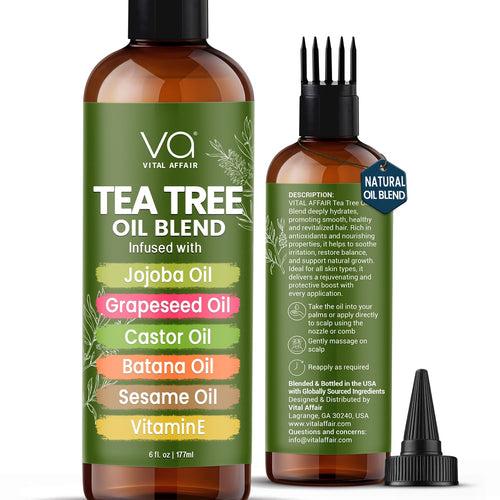 VITAL AFFAIR Tea Tree Oil For Hair With Jojoba, Castor, Batana Oil - Tea Tree Hair And Scalp Treatment - Hair Oil For Dandruff - Helps Strengthen, Volumize & Promotes Hair Growth - 6 Fl Oz