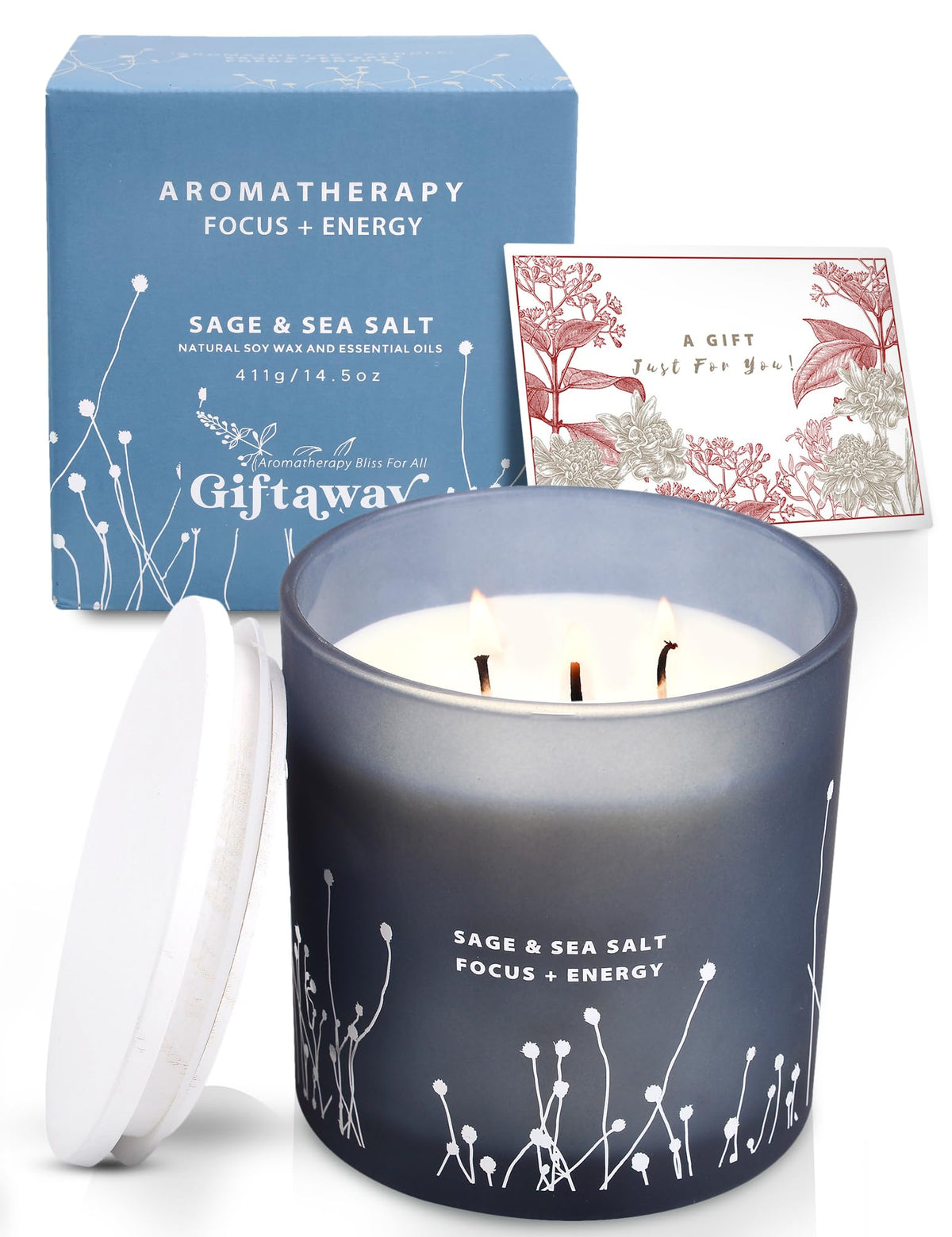 White Sage Sea Salt 3 Wick Candle 14.5 oz - Sage Candles for Cleansing House - Large Soy Candles