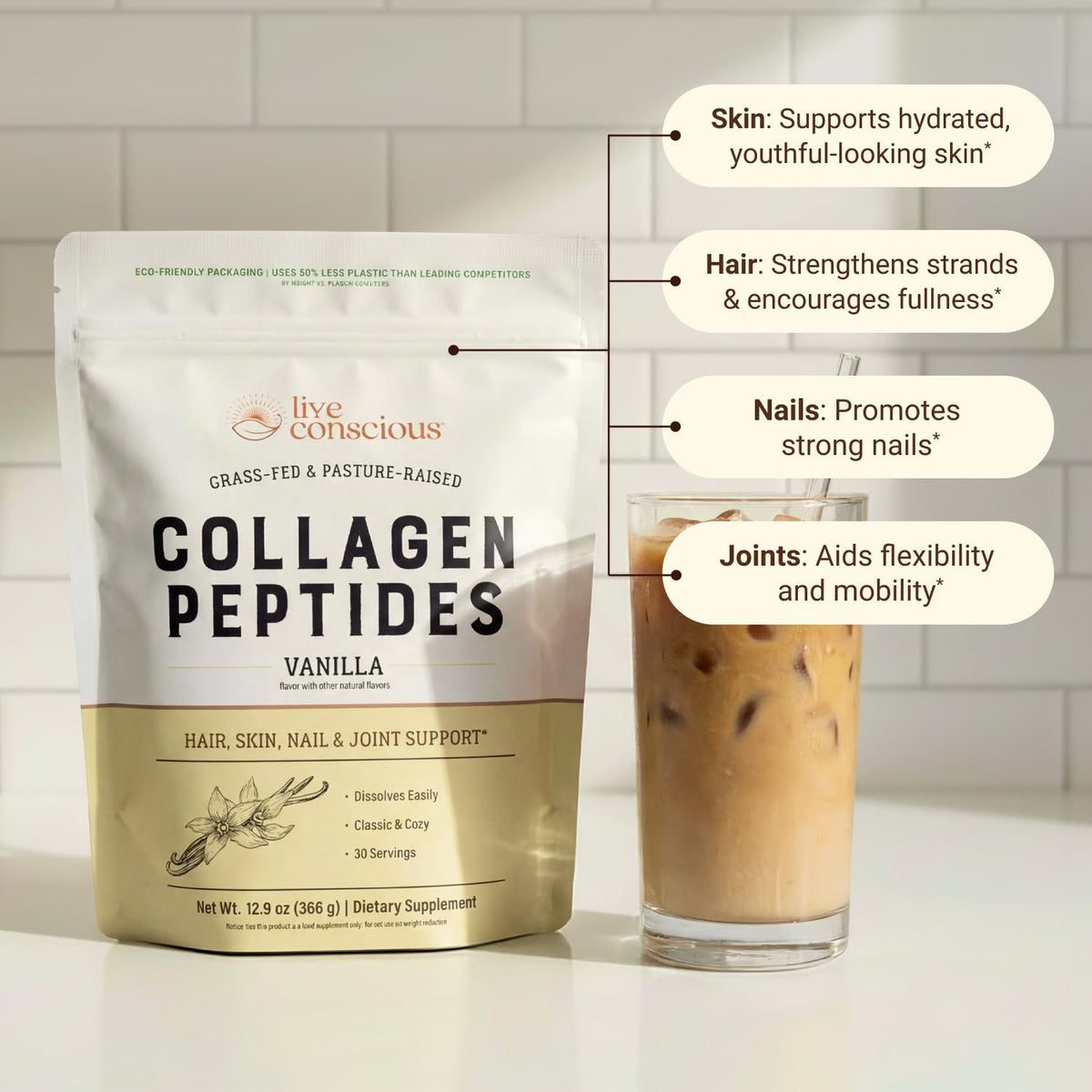 Live Conscious Collagen Peptides Powder - Vanilla Flavored Collagen Powder - Hair, Skin, Nail, & Joint Support - Type I & III Grass-Fed Collagen Supplements for Women and Men - 30 Servings - 13oz