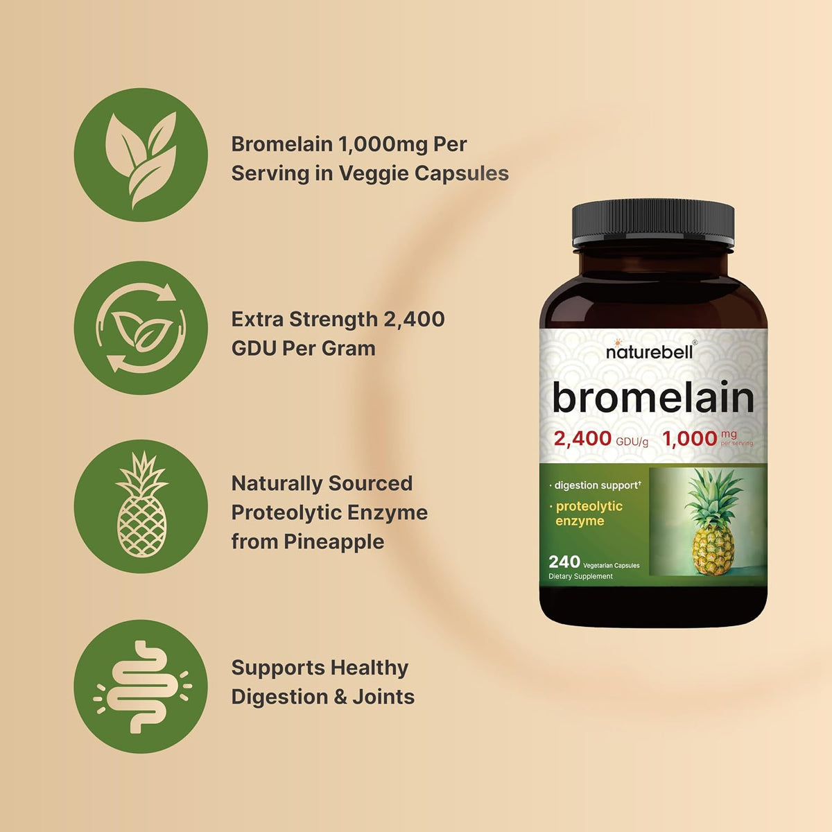NatureBell Bromelain, 1,000mg Per Serving, 240 Veggie Capsules - 2,400 GDU – Digestive Enzymes & Joint Support Supplement – Proteolytic Enzymes for Digestion, Fresh Pineapple Source – Non-GMO