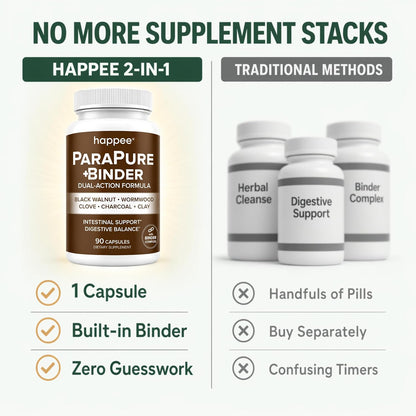 Happee ParaPure Cleanse with Binder for Humans, Intestinal Support, 2-in-1 - Wormwood, Black Walnut, Clove with Charcoal Binder for Digestive Balance (No Stack Needed) 90 Capsules