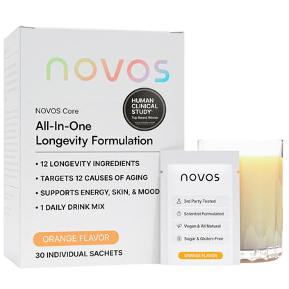Novos Core - Clinically Studied Daily Longevity Supplement - 12 Active Ingredients for Healthy Aging, Energy, Cognition & Skin Health - Human Clinical Trial Backed - Orange Flavored - 30 Servings