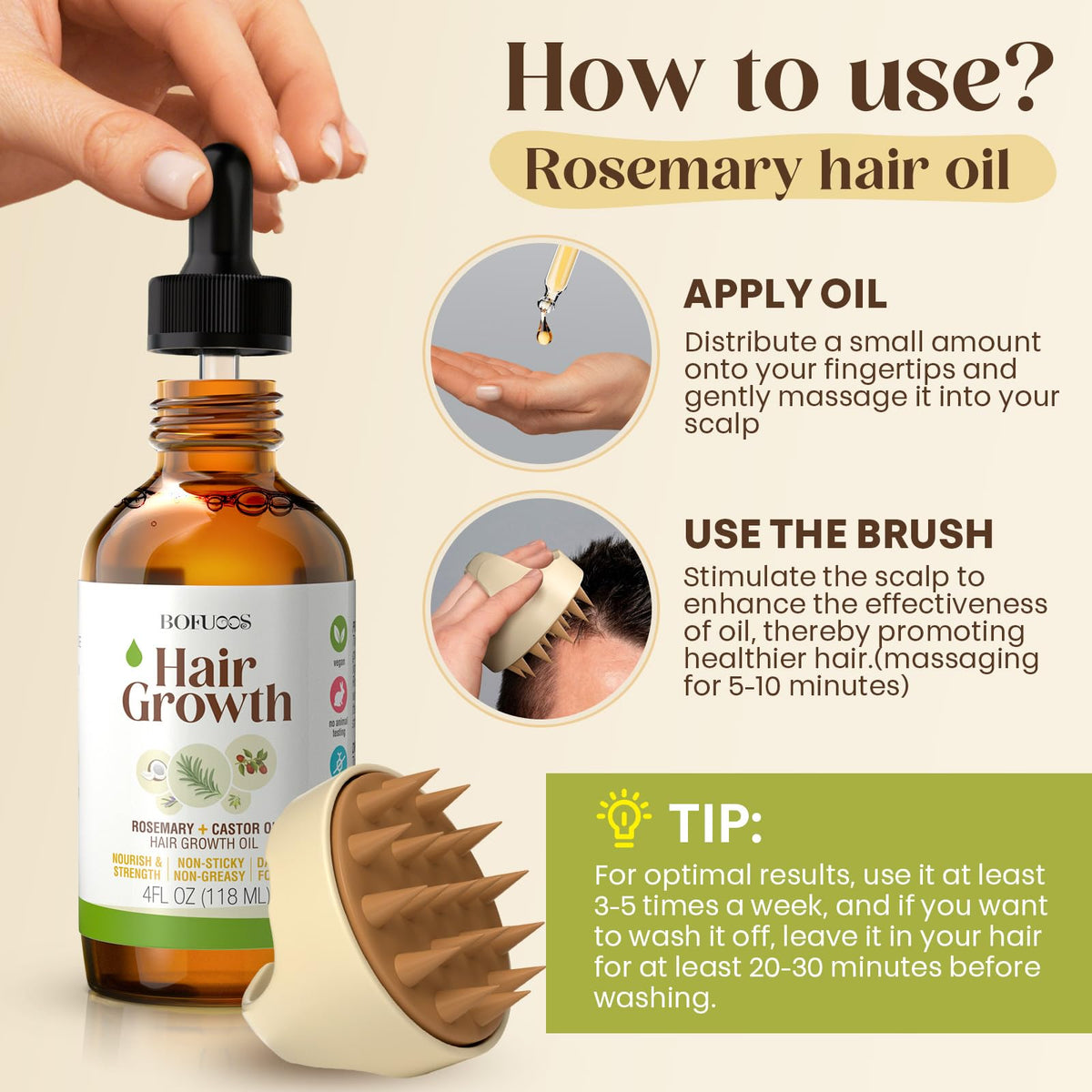 Bofuoos Rosemary & Castor Hair Growth Oil + Scalp Massager Set