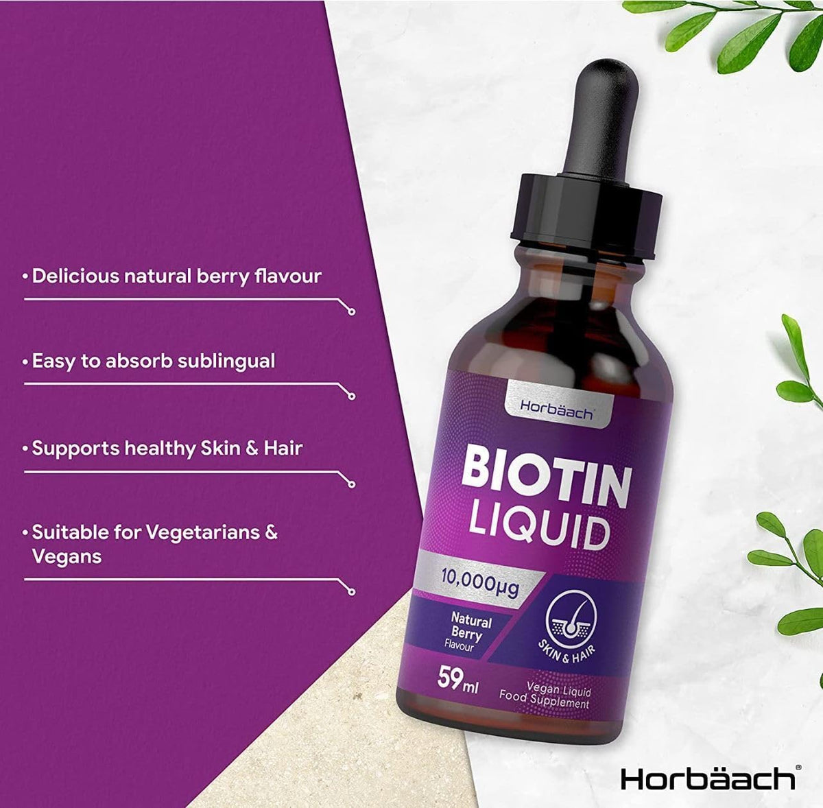 Biotin Liquid Drops for Hair & Skin Support - 10000 mcg Supplement - 59 ml Vitamin B7