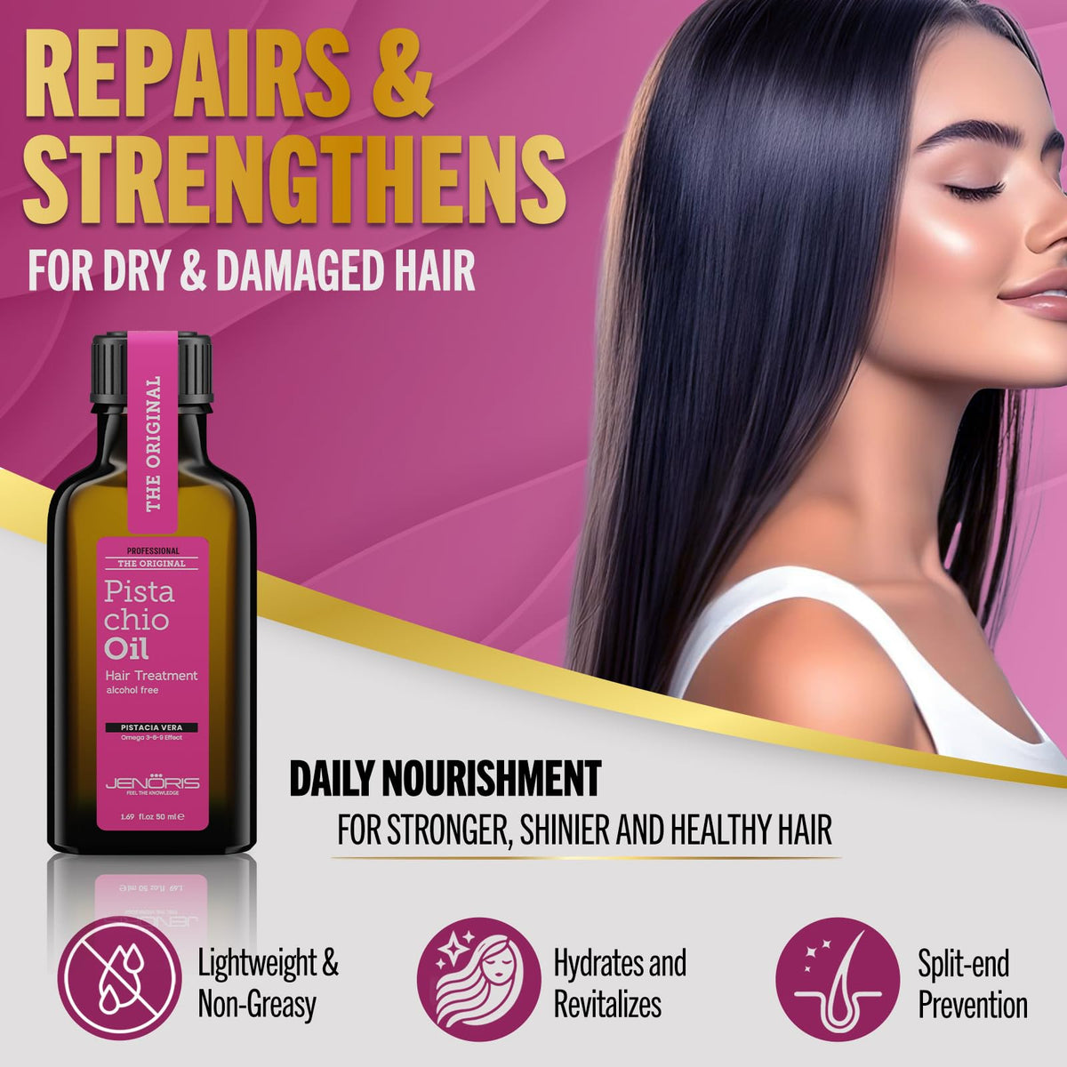 Jenoris Pistachio Oil Hair Serum for Frizzy and Damaged Hair, Lightweight Hair Oil for Dry Hair with Omega 3-6-9 Complex, Anti-Frizz Hair Serum for Shine, Hydration & Split-End Treatment, 1.69 fl.oz
