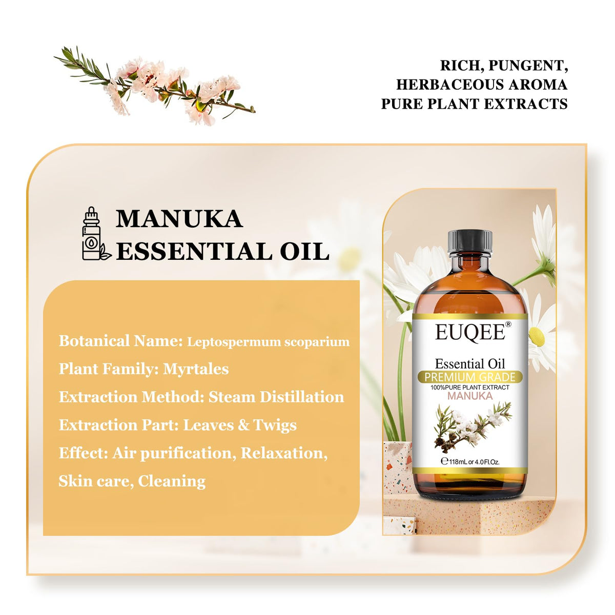 EUQEE Manuka Essential Oil 118ml Large Capacity Pure Manuka Oil with Glass Dropper for Skin