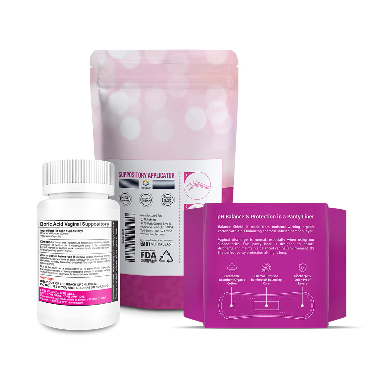 NutraBlast Boric Acid Vaginal Suppositories 600mg (30 Count) w/Disposable Vaginal Applicators