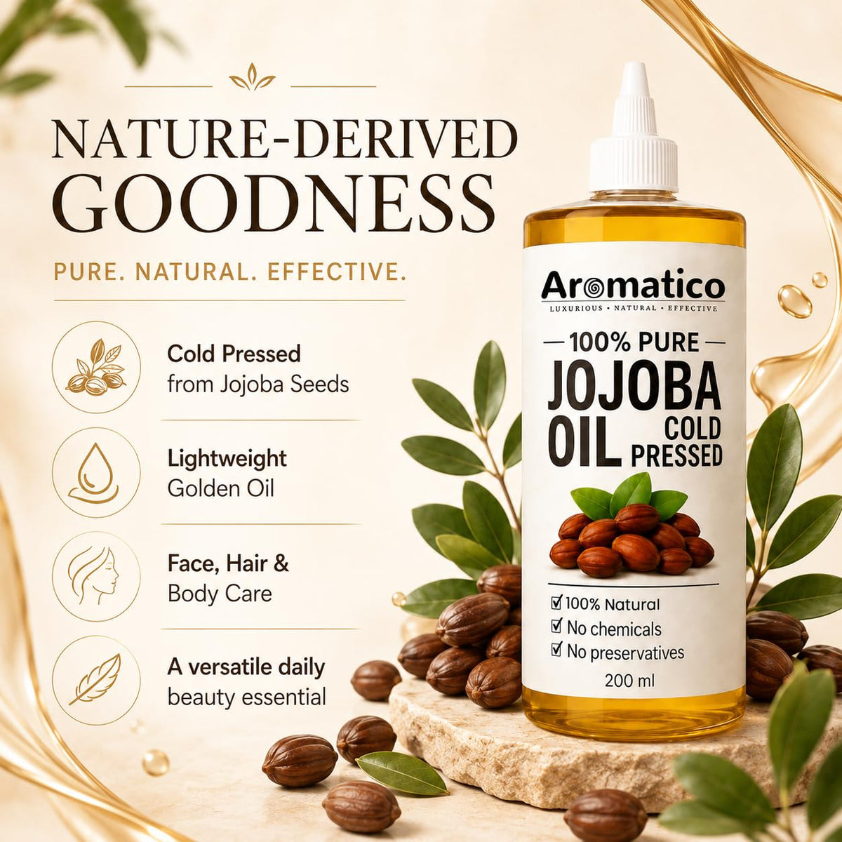 Aromatico Cold Pressed Jojoba Oil - 7 Fl Oz - Natural Hair, Face & Body Oil - Lightweight Moisturizing Carrier Oil for Dry Scalp, Skin Care, Beard, Cuticles & Massage