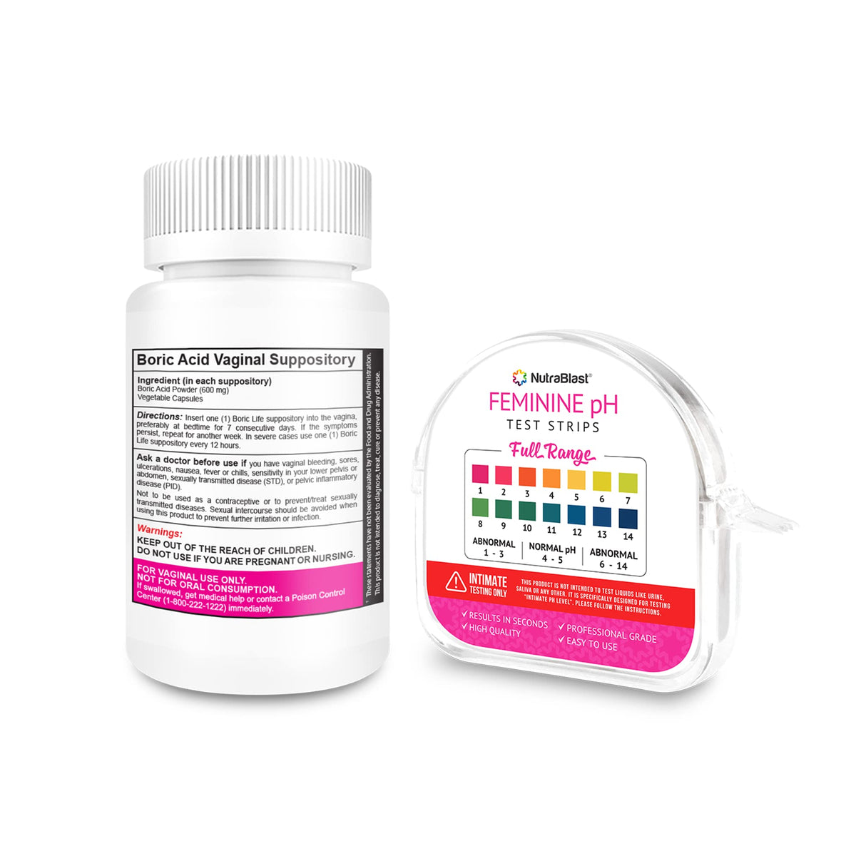 NutraBlast Boric Acid Vaginal Suppositories 600mg (30 Count) & Feminine pH Test Strips 1-14 (100-Tests Roll)