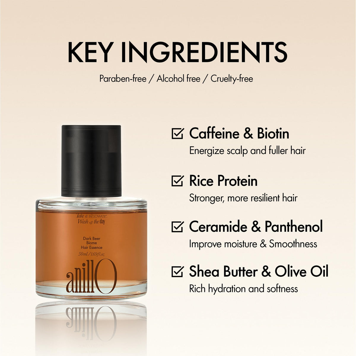 anillO Dark Beer Hair Essence - Strengthening & Nourishing Damage Repair Hair Oil Serum with Biotin, Olive Oil, Beer Yeast &10-type Protein Complex - Vegan, Paraben & Silicone Free 1.69 fl oz