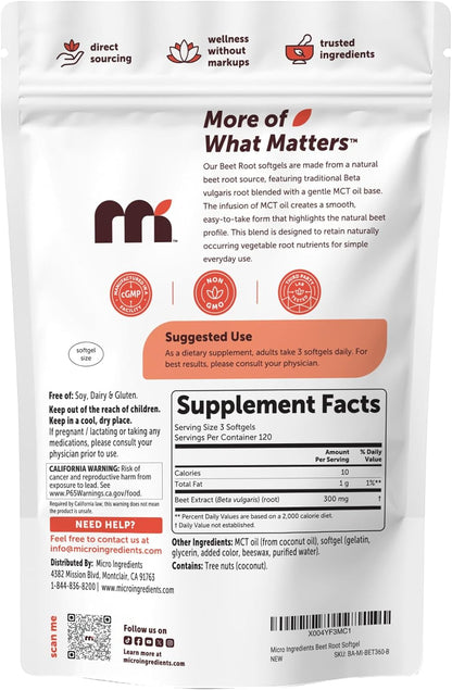Micro Ingredients Beet Root Extract, 360 Softgels with MCT Oil - Natural Beet Root Source - Beetroot Supplements - Non-GMO