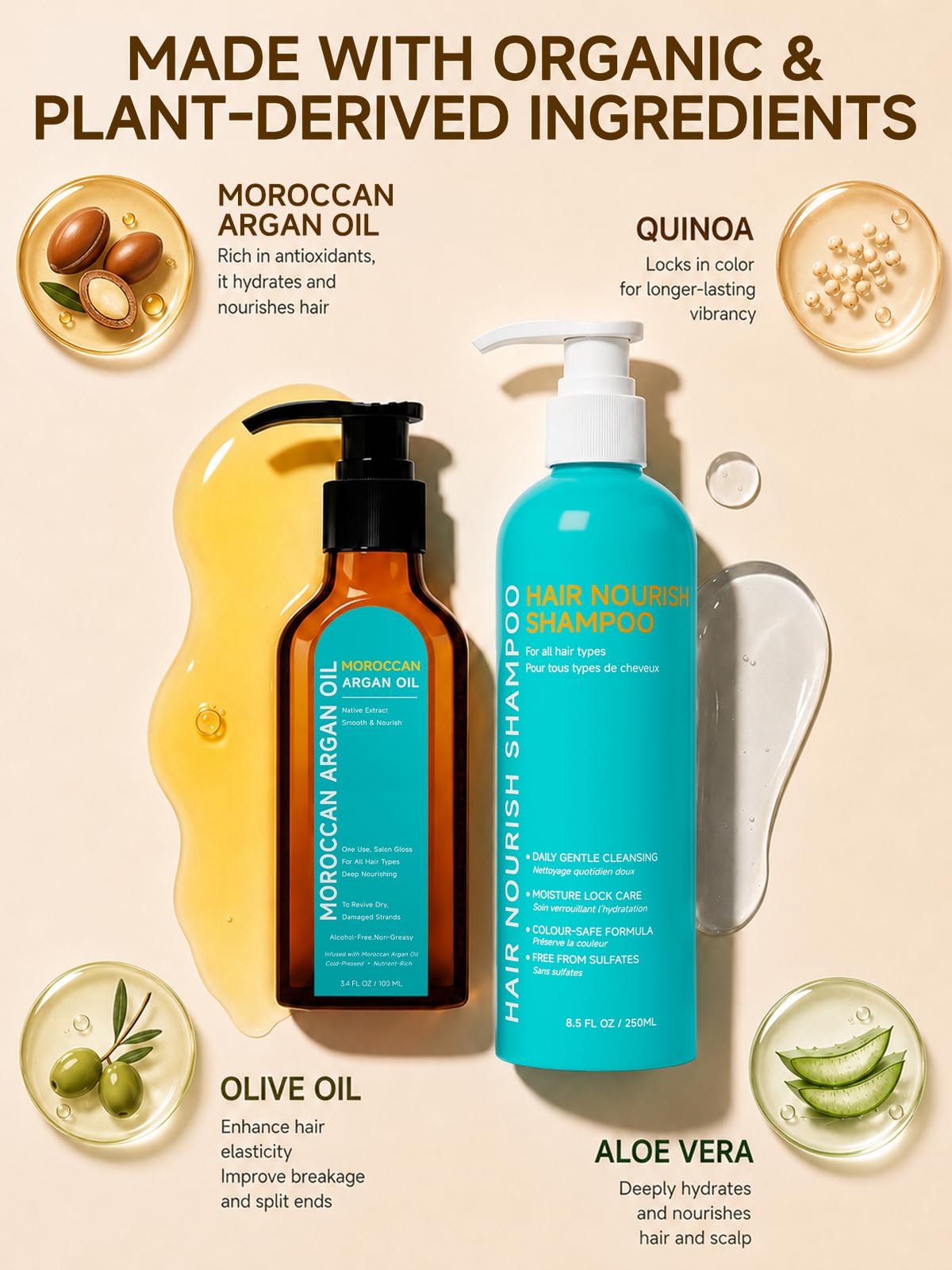 Moroccan Argan Oil Set, Moroccan Argan Oil Hydrating Shampoo Included, Deep Moisturizing Damage Repair, Frizz Control for Dry Damaged Curly Color Treated Hair