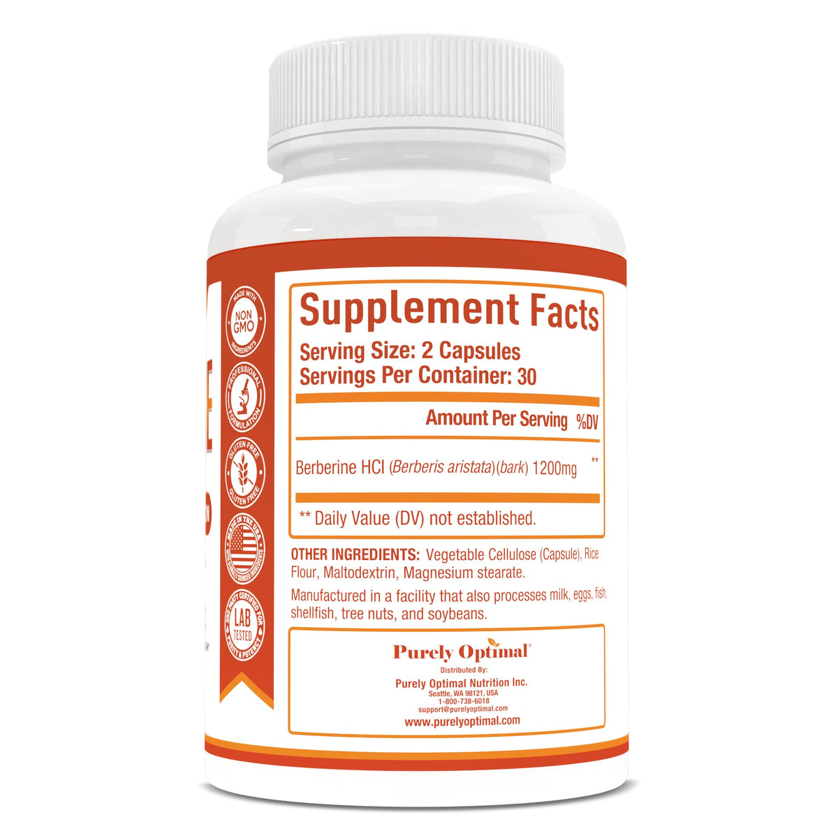 Purely Optimal Premium Berberine Supplement - 1200mg Berberine HCl, Non-GMO