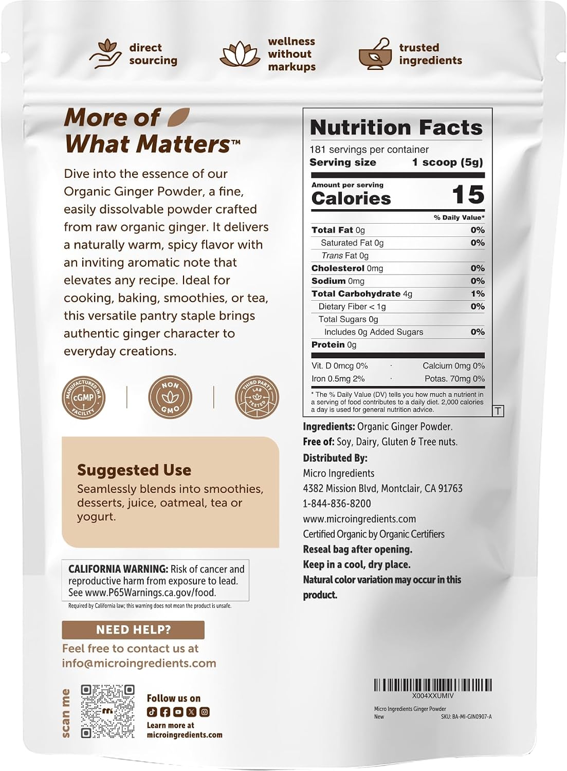 Organic Ginger powder, 2lbs (32oz) - Premium Source for Spice & Seasoning - Great for Baking, Cooking & Tea - Additive Free, Non-GMO, Bulk Supply