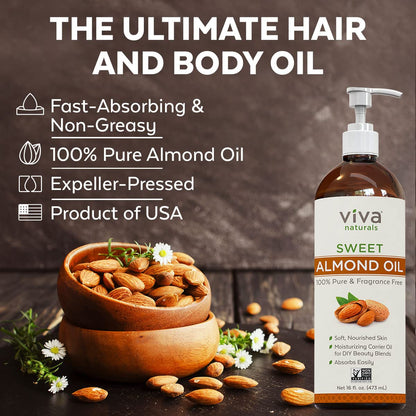 Almond Oil (16 oz); Sweet Almond Oil for Skin or Almond Oil for Hair, The Perfect Natural Body Oil for Women, Great as Unscented Massage Oil (Pack of 2)