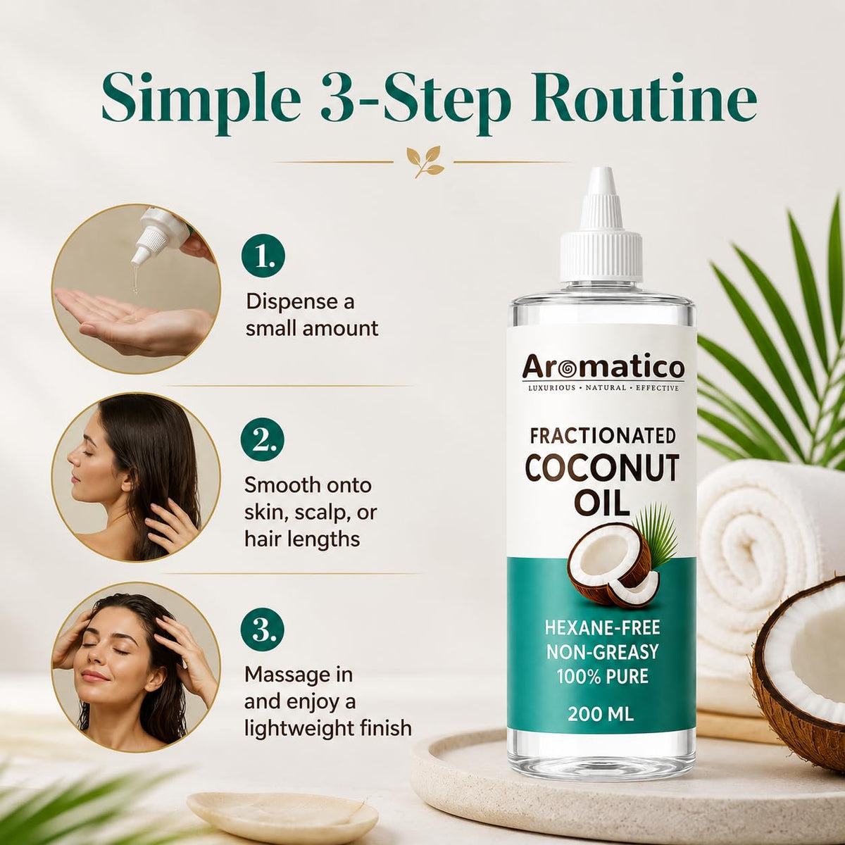 Aromatico Pure Fractionated Coconut Oil, Cold Pressed for Healthy Hair & Skin, Natural solution for Moisturised Skin, Hair Care & Body - 7 fl oz