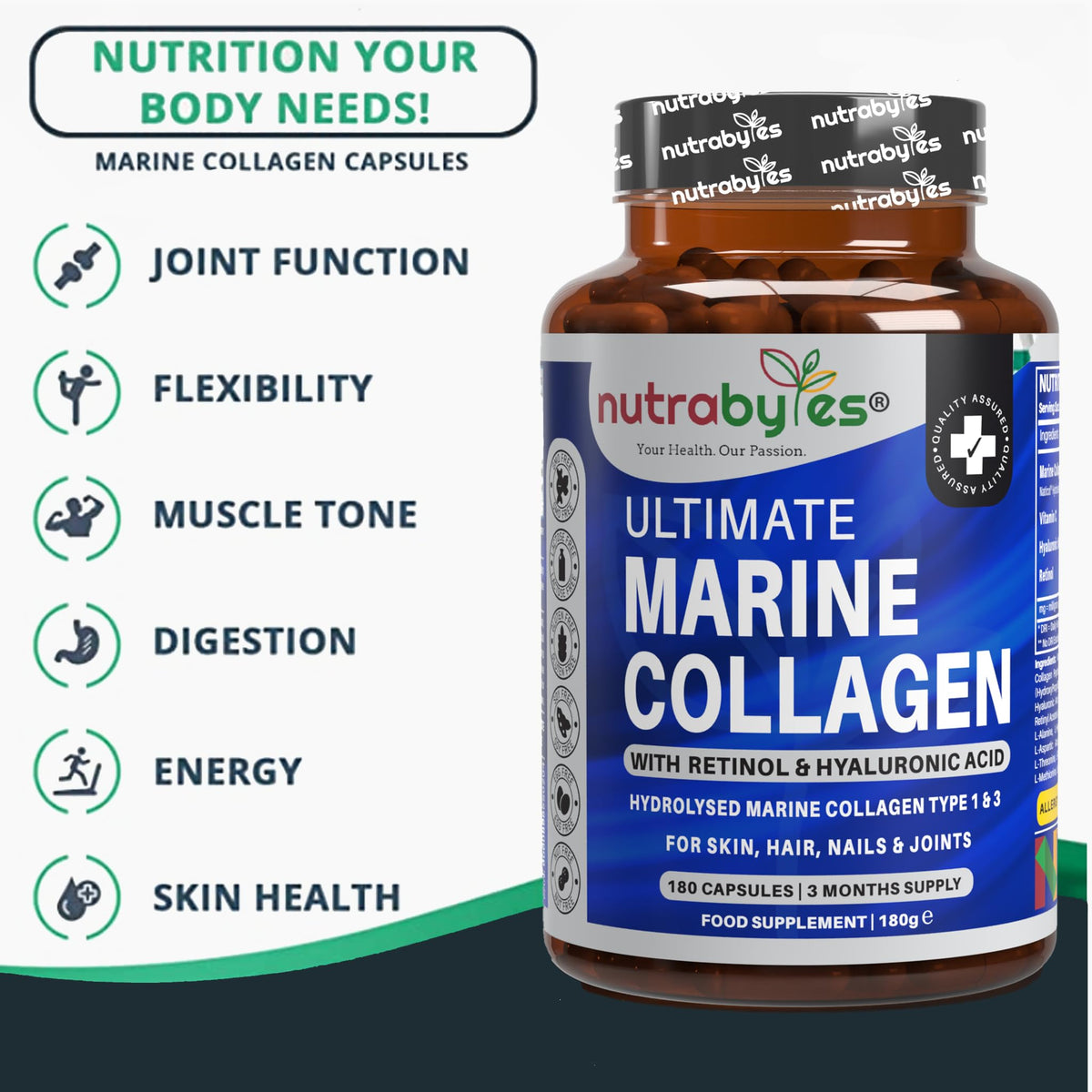 High Strength Marine Collagen with Hyaluronic Acid, Retinol and Vitamin C - 180 Capsules - 3 Months Supply