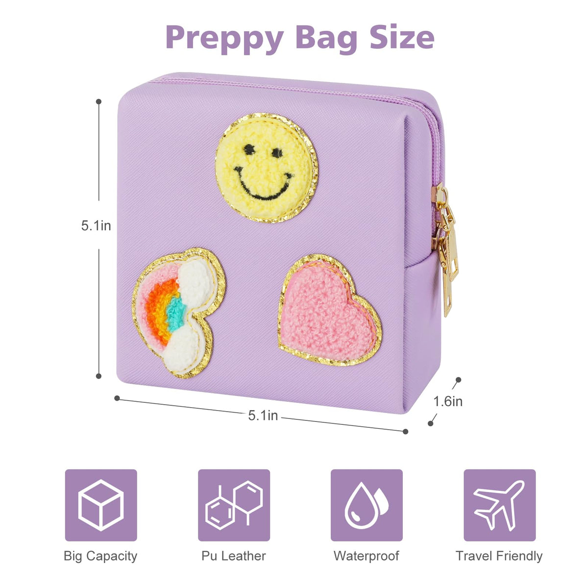 Preppy Patch Period Bag for Teen Aged Girls, Sanitary Napkin Storage Bag, Functional PU Leather Sanitary