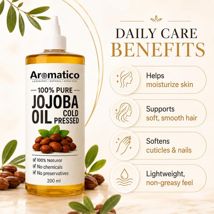 Aromatico Cold Pressed Jojoba Oil - 7 Fl Oz - Natural Hair, Face & Body Oil - Lightweight Moisturizing Carrier Oil for Dry Scalp, Skin Care, Beard, Cuticles & Massage