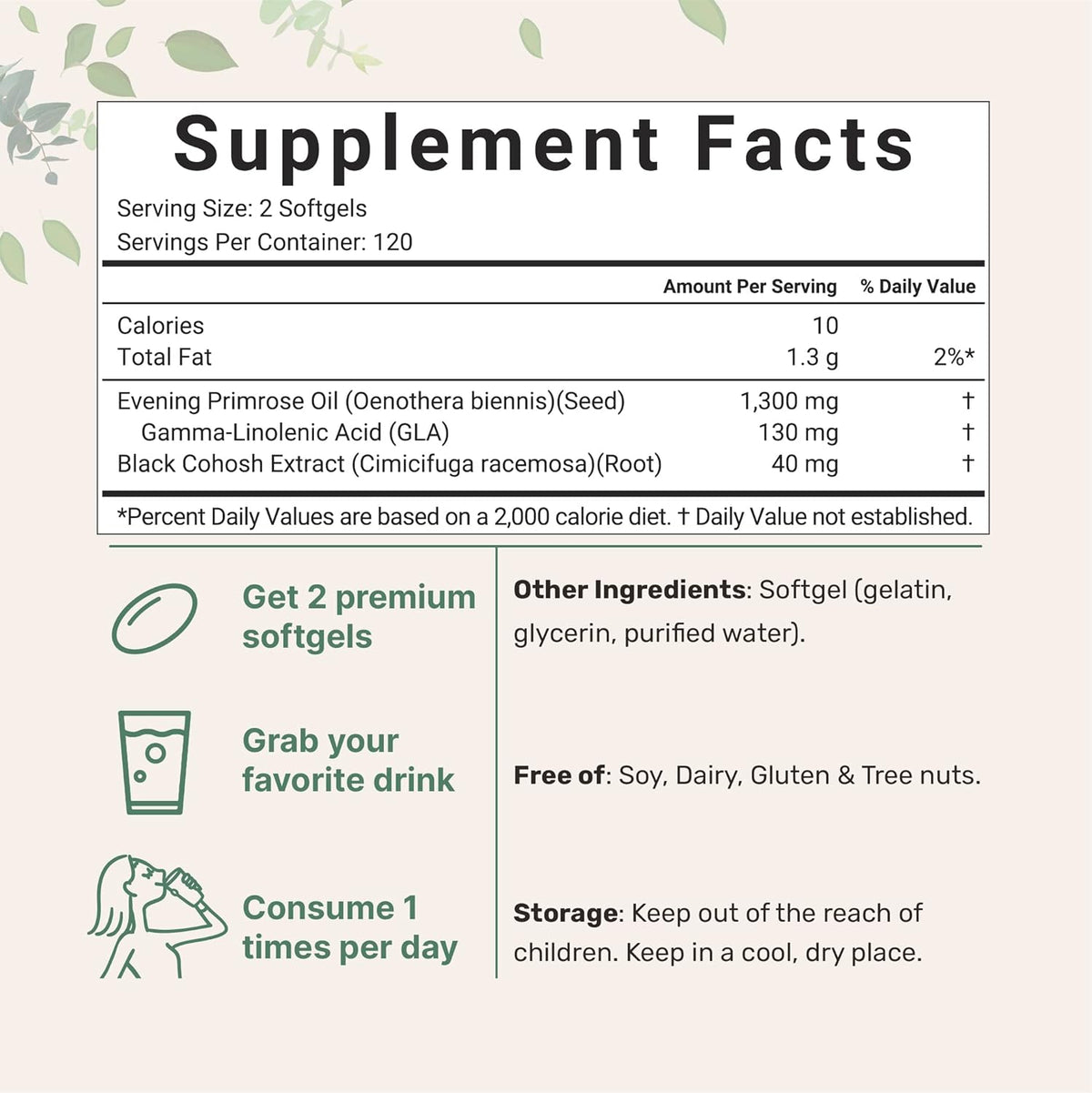 Evening Primrose Oil 1300mg Per Serving, 240 Softgels - Enhanced with 40mg Black Cohosh Extract, Cold Pressed – 10% Active GLA, Non-GMO, No Gluten, Easy to Swallow