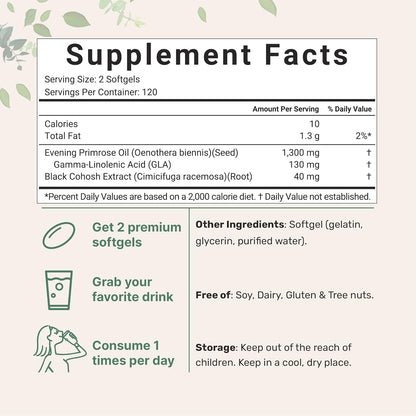 Evening Primrose Oil 1300mg Per Serving, 240 Softgels - Enhanced with 40mg Black Cohosh Extract, Cold Pressed – 10% Active GLA, Non-GMO, No Gluten, Easy to Swallow