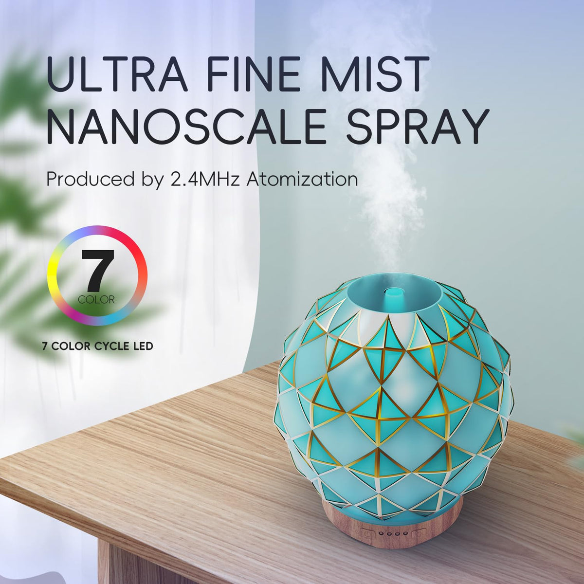 Youenkity Essential Oil Diffuser, Glass Ultrasonic Aromatherapy Diffuser with 7 Color LED Lights