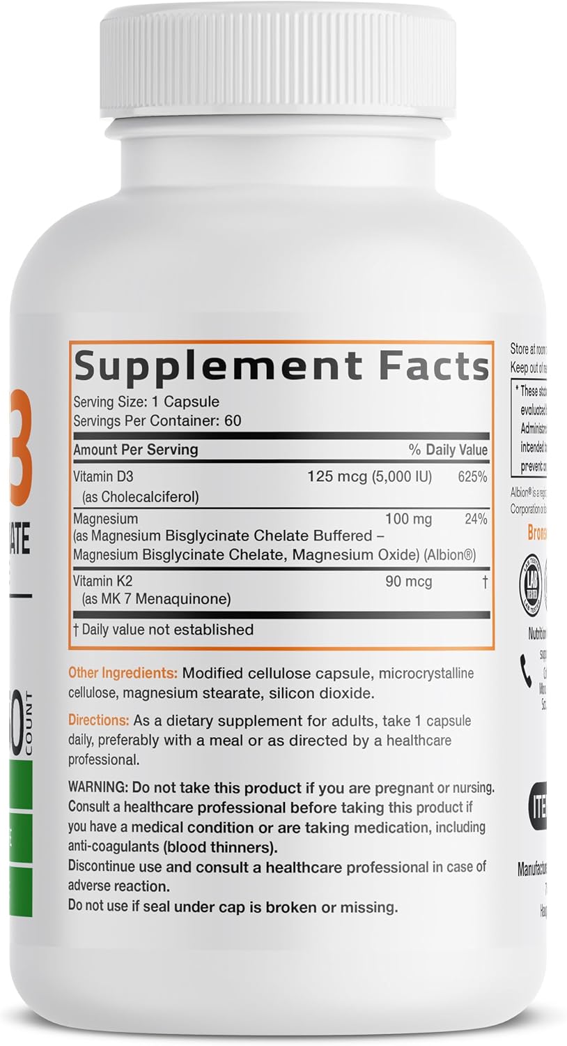 Bronson Vitamin K2+D3 Magnesium Glycinate Supplement, 60 Capsules - 3-in-1 Bone & Heart Health Support Formula, Non-GMO, Gluten Free, Soy Free