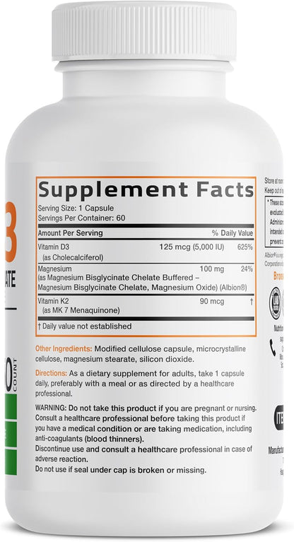 Bronson Vitamin K2+D3 Magnesium Glycinate Supplement, 60 Capsules - 3-in-1 Bone & Heart Health Support Formula, Non-GMO, Gluten Free, Soy Free
