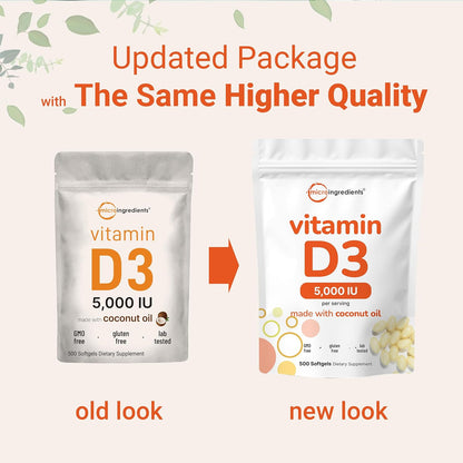 Micro Ingredients Vitamin D3 5,000 IU, 500 Softgels - Virgin Coconut Oil - Cholecalciferol Form - Bone, Immune & Heart Support - Easy to Swallow, Non-GMO
