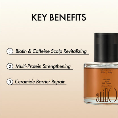 anillO Dark Beer Hair Essence - Strengthening & Nourishing Damage Repair Hair Oil Serum with Biotin, Olive Oil, Beer Yeast &10-type Protein Complex - Vegan, Paraben & Silicone Free 1.69 fl oz