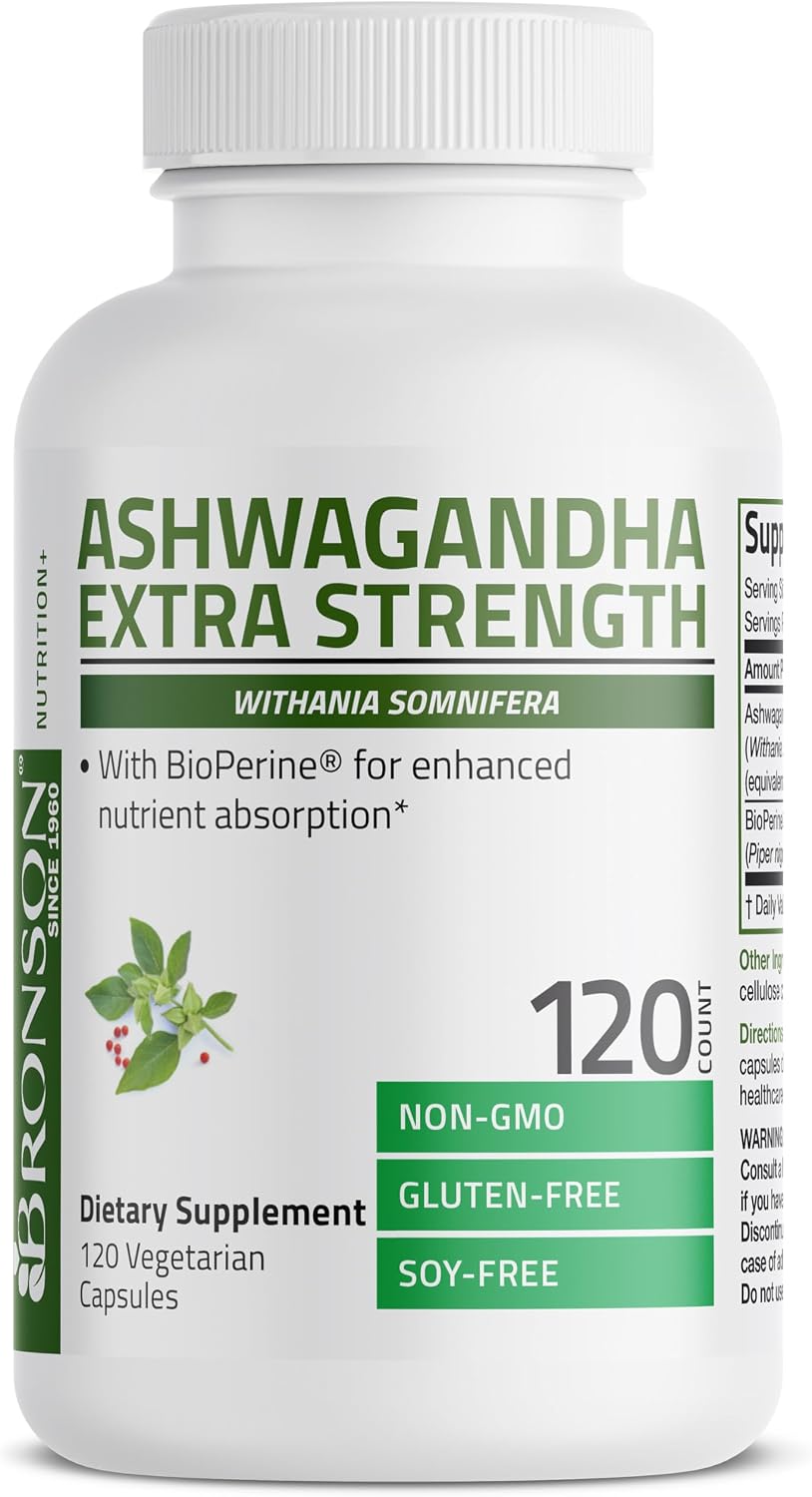 Bronson Ashwagandha Extra Strength Stress & Mood Support 120 Capsules - Vegetarian, Non-GMO, Gluten-Free, Soy-Free, BioPerine for High Absorption
