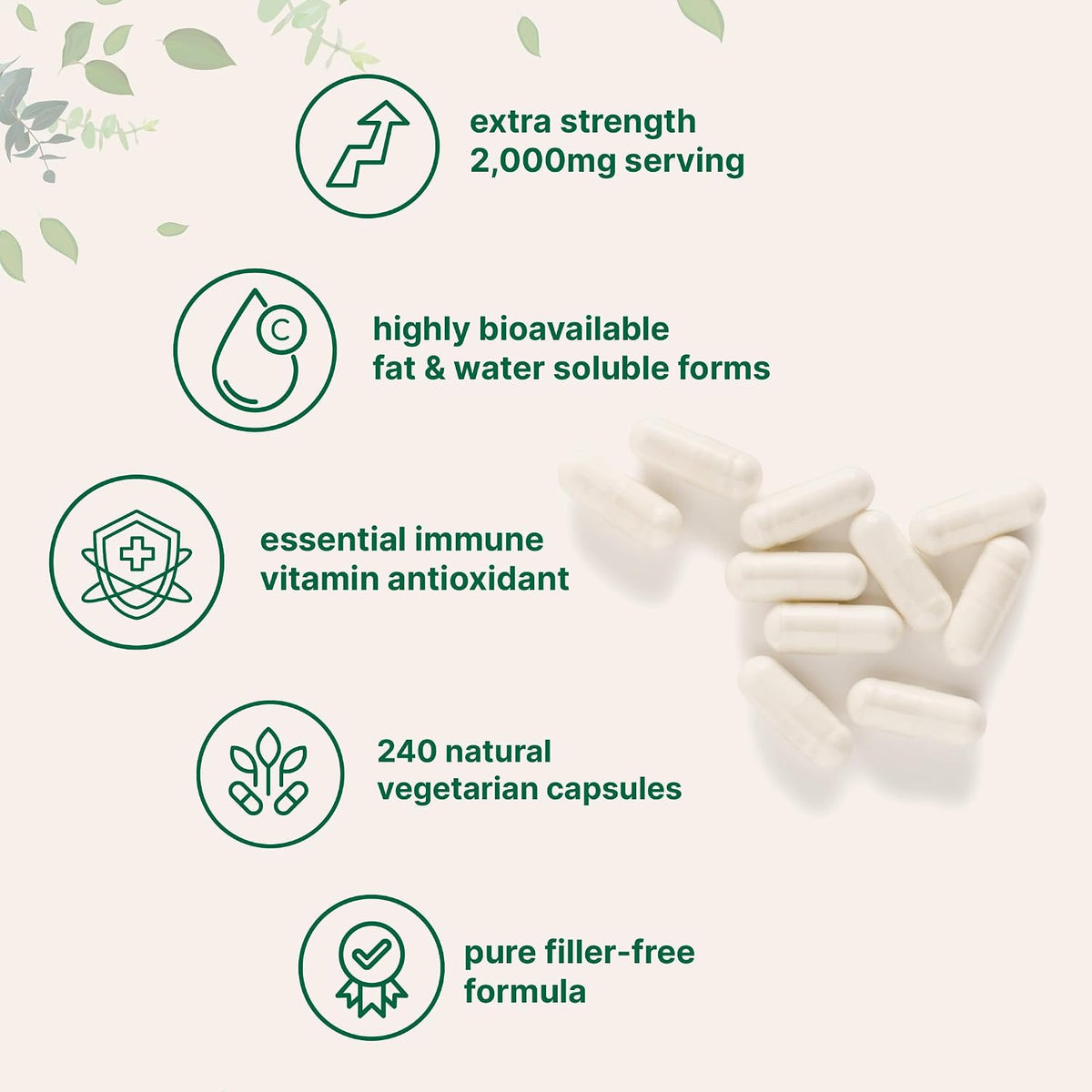 Pure Vitamin C 2,000mg, 240 Veggie Capsules - Highly Bioavailable Fat & Water Soluble Forms - Max Potency - Antioxidant & Immune Support Supplement - Easily Absorbed, Non-GMO, Filler Free