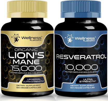 WELLNESS LABSRX Resveratrol Capsules 10000 - Lions Mane Supplement Capsules - Bundle