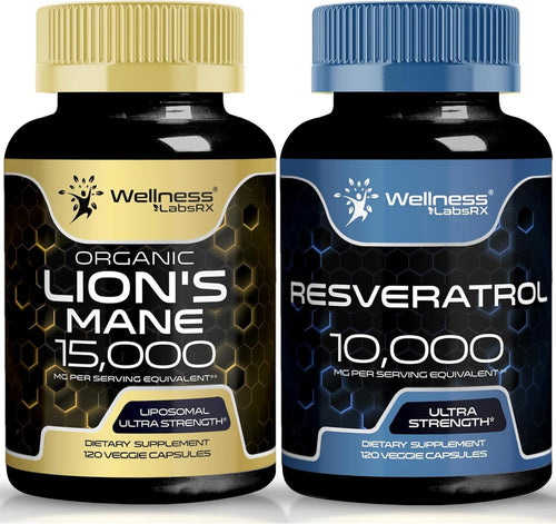 WELLNESS LABSRX Resveratrol Capsules 10000 - Lions Mane Supplement Capsules - Bundle