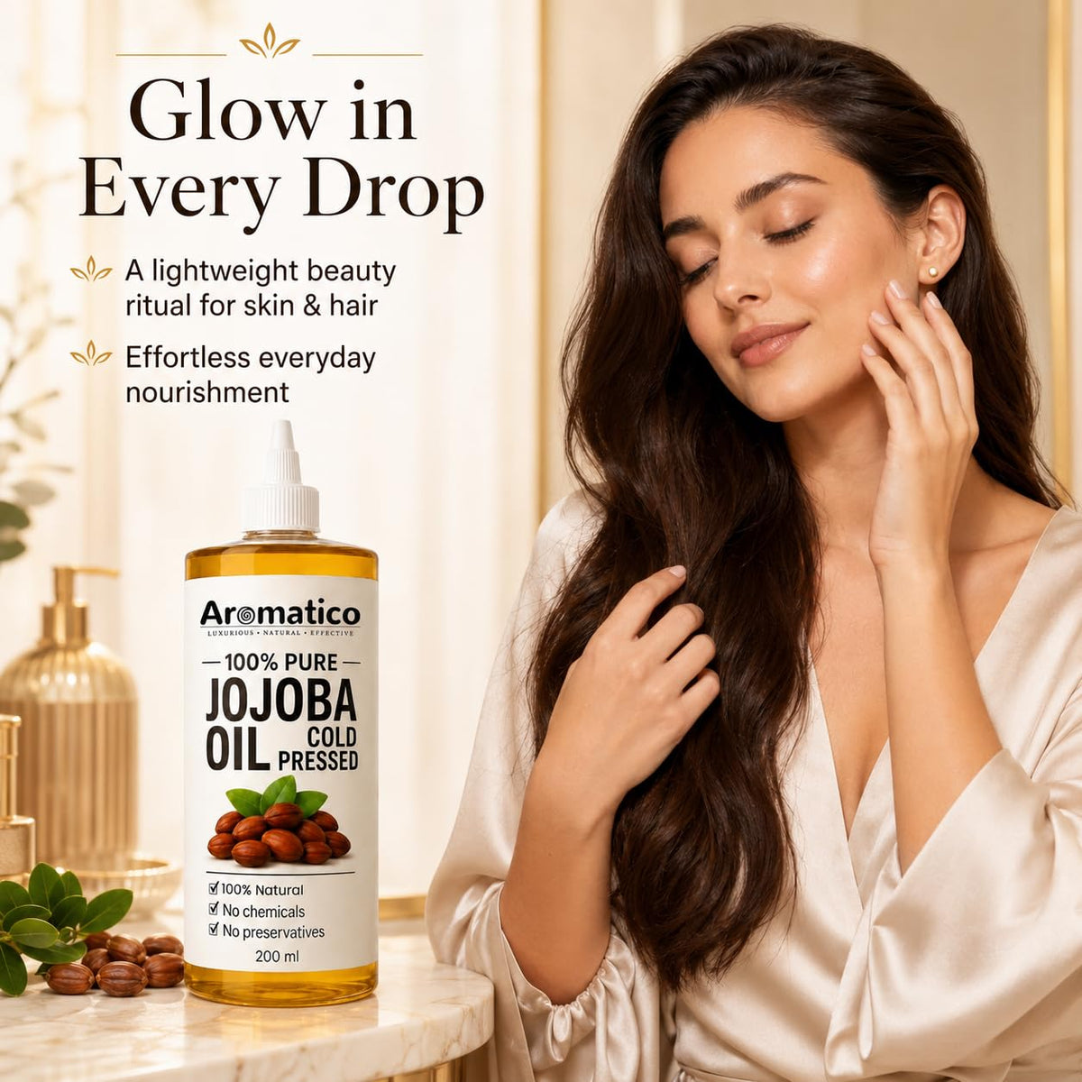 Aromatico Cold Pressed Jojoba Oil - 7 Fl Oz - Natural Hair, Face & Body Oil - Lightweight Moisturizing Carrier Oil for Dry Scalp, Skin Care, Beard, Cuticles & Massage