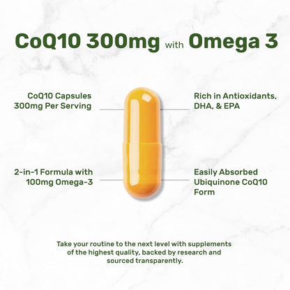 DEAL SUPPLEMENT CoQ10 300mg with Omega 3 100mg, 240 Capsules - Bioavailable Coenzyme Q10 Formula - Supports Heart, Energy & Brain Health - Antioxidant Support - Non-GMO