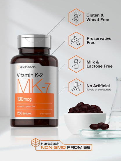 Horbäach Vitamin K2 MK7 100mcg - 250 Softgels - Non-GMO, Gluten Free Supplement