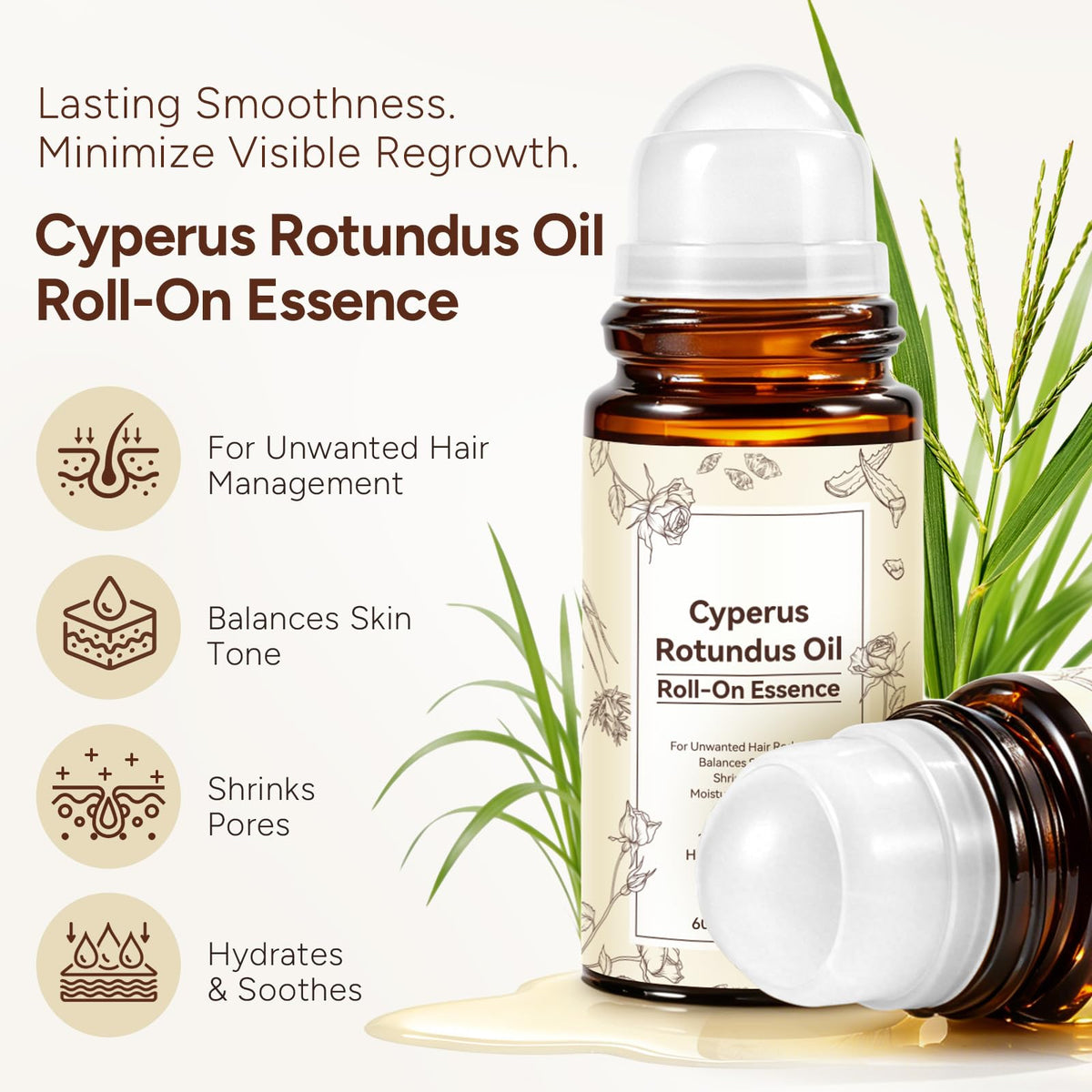 Cyperus Rotundus Oil Roll-on Essence, Cypress Rotundus Oil for Hair Removal, Natural Inhibitor to Reduce Unwanted Hair Growth, Soothes Skin & Minimizes Pores, 2.02 Fl Oz