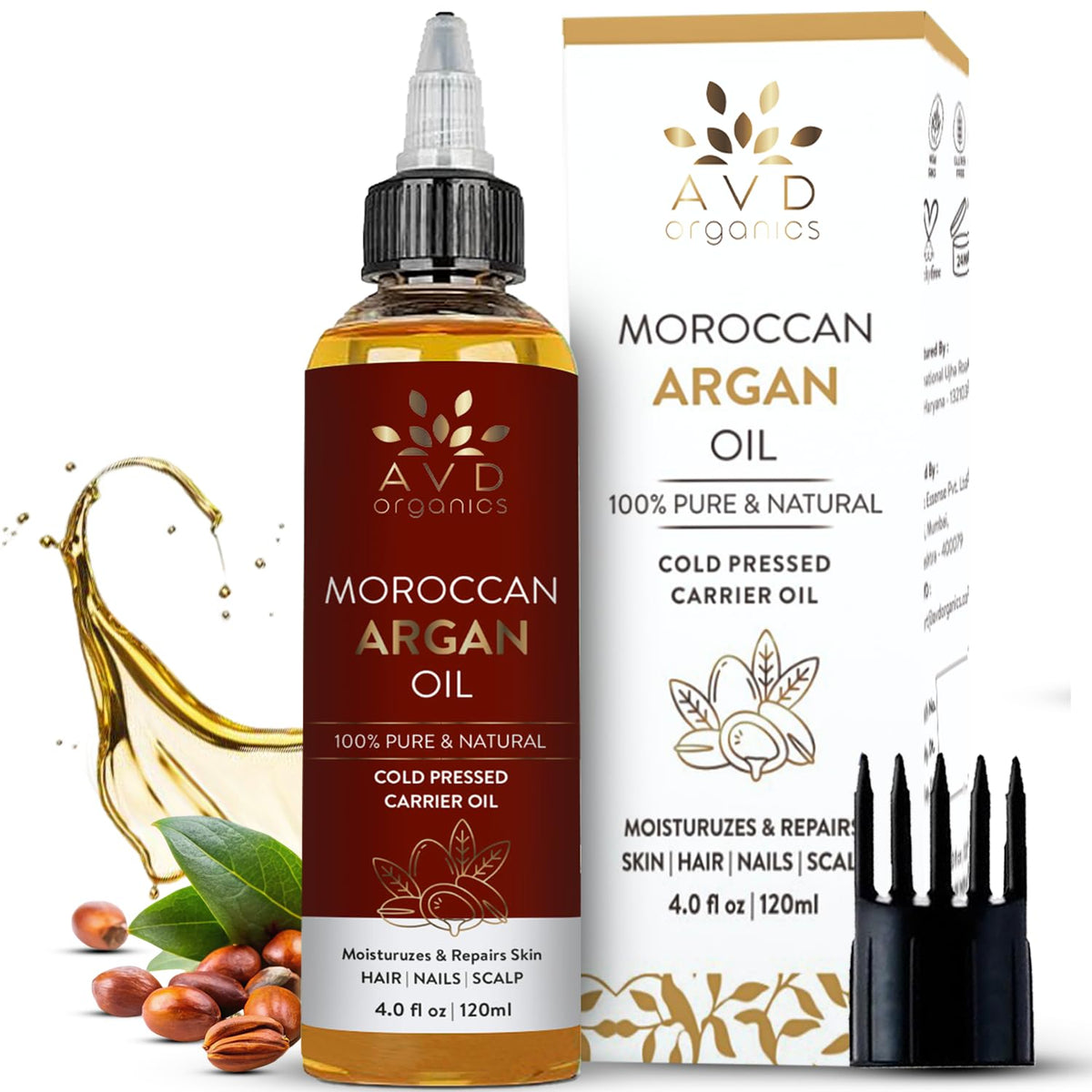 AVD Organics Argan Oil for Hair 120ml - 100% Pure & Natural Moroccan Argan Oil for Adult Hydration, Nourishing, Strengthening, Curly, Frizzy, Dry, Damaged Hair,Face, Skin, Scalp & Nails - (4.05 fl oz)