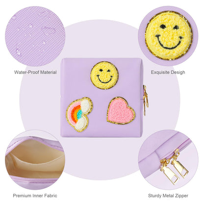 Preppy Patch Period Bag for Teen Aged Girls, Sanitary Napkin Storage Bag, Functional PU Leather Sanitary