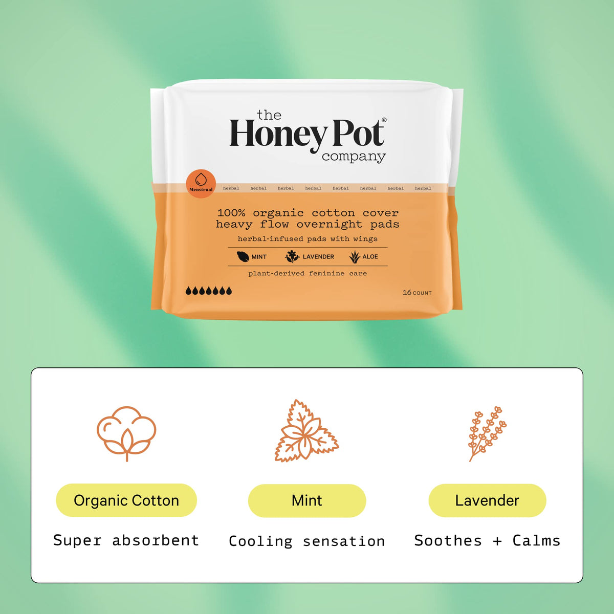 The Honey Pot Company - Herbal Overnight Heavy Flow Pads w/Wings - Organic Pads for Women