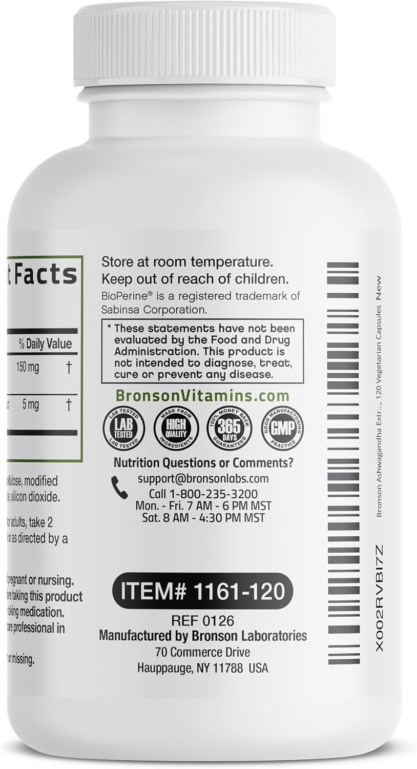 Bronson Ashwagandha Extra Strength Stress & Mood Support 120 Capsules - Vegetarian, Non-GMO, Gluten-Free, Soy-Free, BioPerine for High Absorption