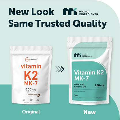Micro Ingredients Vitamin K2 MK-7 200 mcg Per Serving, 300 Coconut Oil Softgels - K2 Vitamin Supplement with Coconut Oil - Non-GMO