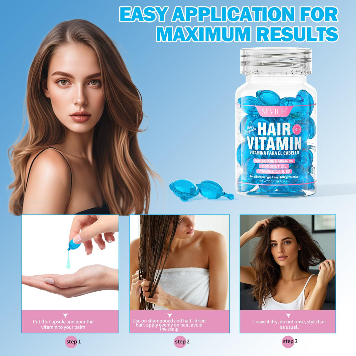 SEVICH Hair Vitamin Capsules 40 Pcs - 10-in-1 Leave-In Conditioner Serum with Keratin & Argan Oil, Heat Protectant up to 450°F, Frizz Control & Deep Hydration for Damaged Hair