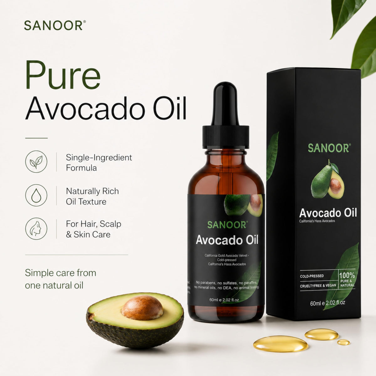 SANOOR Avocado Oil, Premium Carrier Oil for Hair, Skin & Body Care, Cold-Pressed Avocado Oil, Lightweight Oil for Massage, Hair Lengths, Scalp & Dry-Feeling Skin, Hexane-Free, 60 ml