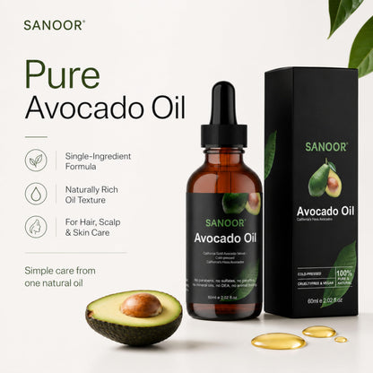 SANOOR Avocado Oil, Premium Carrier Oil for Hair, Skin & Body Care, Cold-Pressed Avocado Oil, Lightweight Oil for Massage, Hair Lengths, Scalp & Dry-Feeling Skin, Hexane-Free, 60 ml